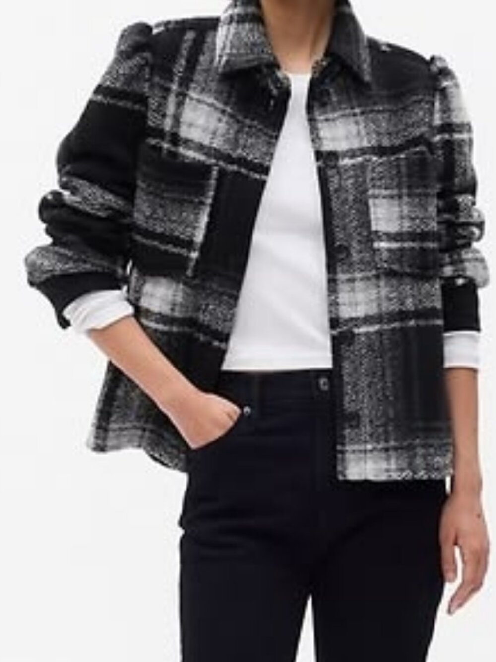 GAP Puff Sleeve Cropped Wool Plaid Shirt Jacket Sweater Button Coat XS